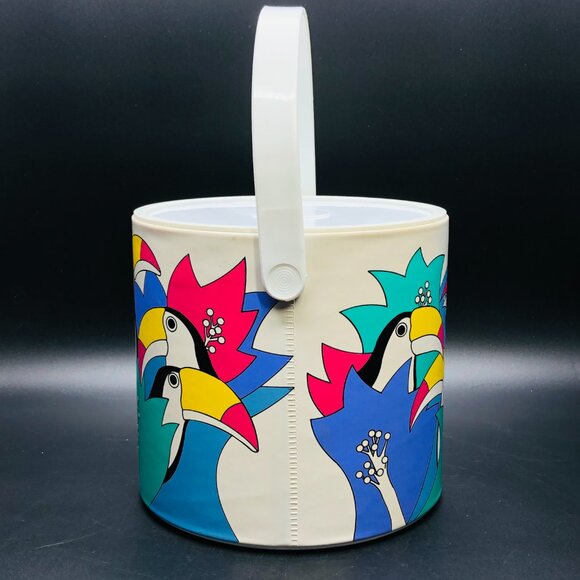 Vintage 80s Toucan Birds and Tropical Florals Ice Bucket with Lid and Handle - Picture 3 of 13